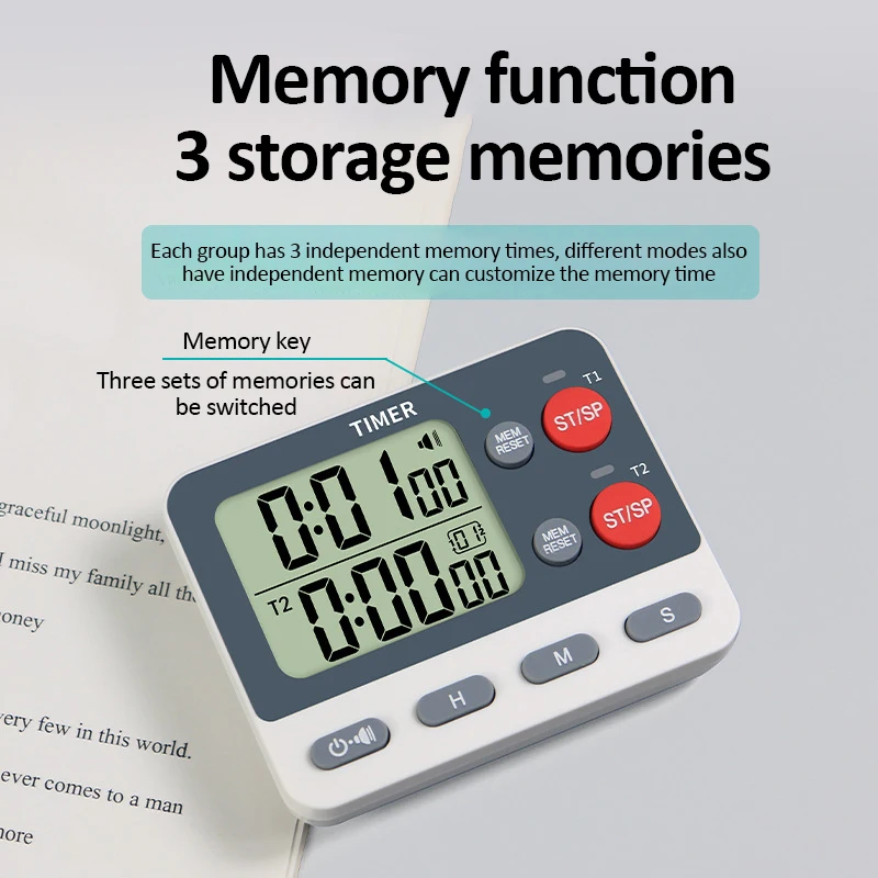 Digital Kitchen Timer 3 Storage Memories Timer Dual groups Independent/Alternating cycle timing Alarm Clock Mute Flashing Timer 3
