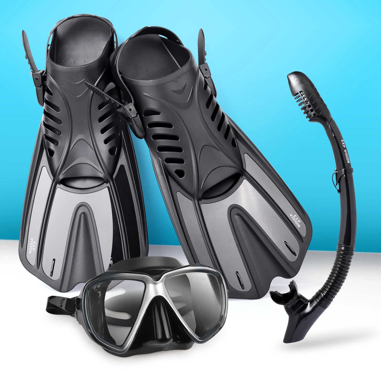Snorkeling Gear for Adult, Anti-fog Diving Mask, Anti-Leak Dry Top Snorkel and Dive Flippers, Diving Package, 180 °