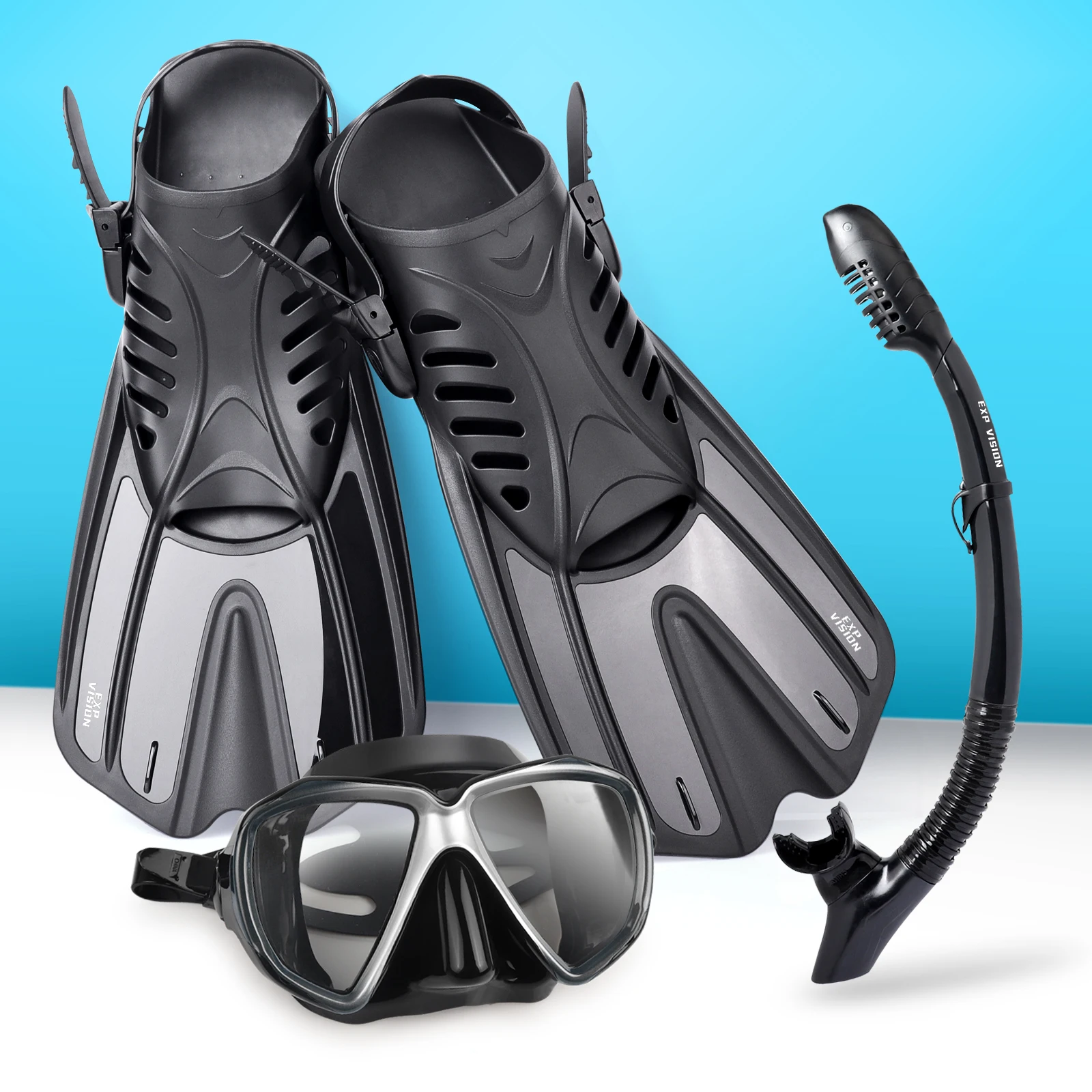 Snorkeling Gear for Adult, Anti-fog Diving Mask, Anti-Leak Dry Top Snorkel and Dive Flippers, Diving Package, 180 &deg;