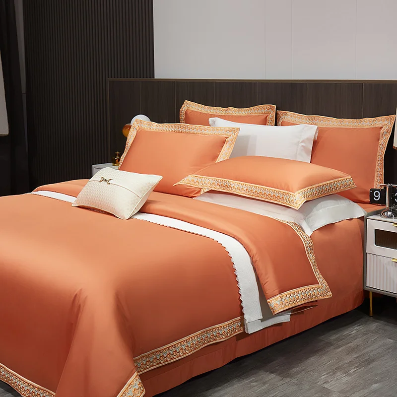 

1000TC Egyptian Cotton Luxury Hotel Style Bedding Set Wide Edge Embroidery Soft Duvet Cover Set Solid Color Bed Sheet Pillowcase
