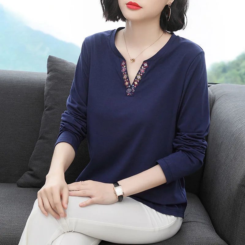 

Spring Autumn New Solid Color Popular Women's Clothing Polyester Long Sleeve V-Neck T-shirt Loose Large Printing Casual Tops