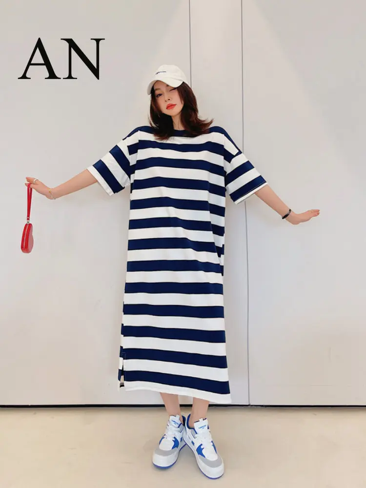 Summer Loose Casual Large Size Striped Short-sleeved T-shirt Women's  Mid-length Over-the-knee Dress Home T-shirt Dress Oversize