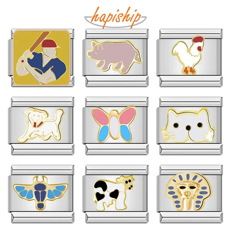 

Hapiship 2024, модные очаровательные звенья, свинка, собака, кошка, Бабочка, звенья, подходит для браслета 9 мм, изготовление женских ювелирных изделий из нержавеющей стали