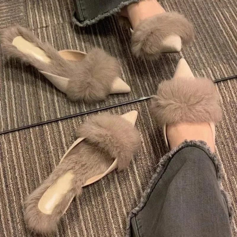 Women's Pointed Toe Furry Slippers Ladies Sandals
