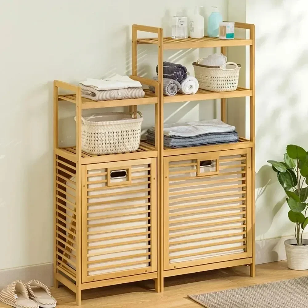 Dirty Clothes Storage Basket Side Rack With Shelf Wooden Storage Hamper Multi-function 3/4 Tier Bathroom Racks Laundry Hamper