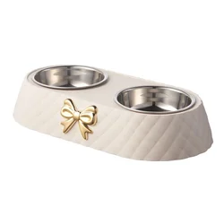 Double Pet Food and Water Bowls with Bowtie Design (White)