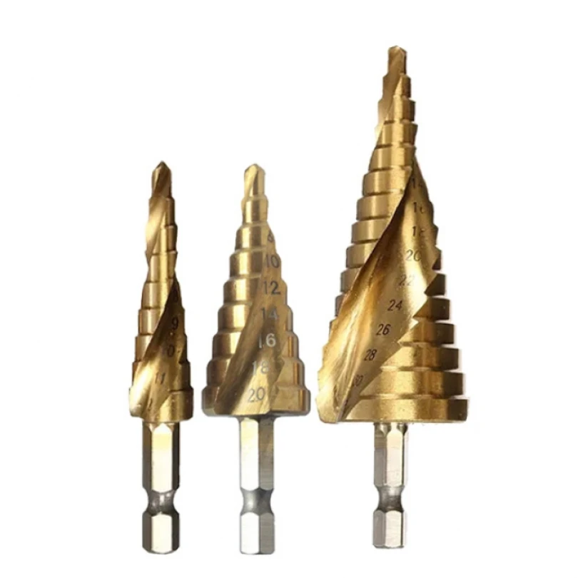 3pcs Hexagonal Shank Spiral Step Drill for Drilling Tool, 4-12/20/32mm Hexagonal Handle Hole Opener Used for Producing Center 3pcs set step drill 4 32mm wooden straight groove hss cone titanium coating mini drill tool hole knife hexagonal handle