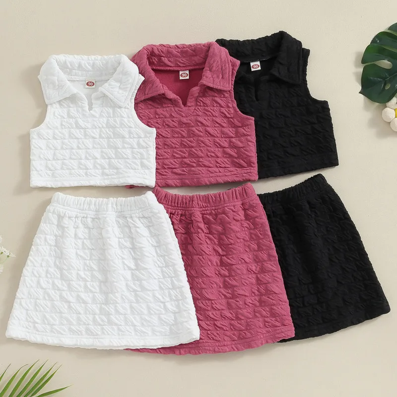 

Детские комплекты с юбкой для девочек, летняя одежда из 2 предметов, наряды, топы без рукавов с лацканами, однотонный комплект с трапециевидной юбкой, детская одежда