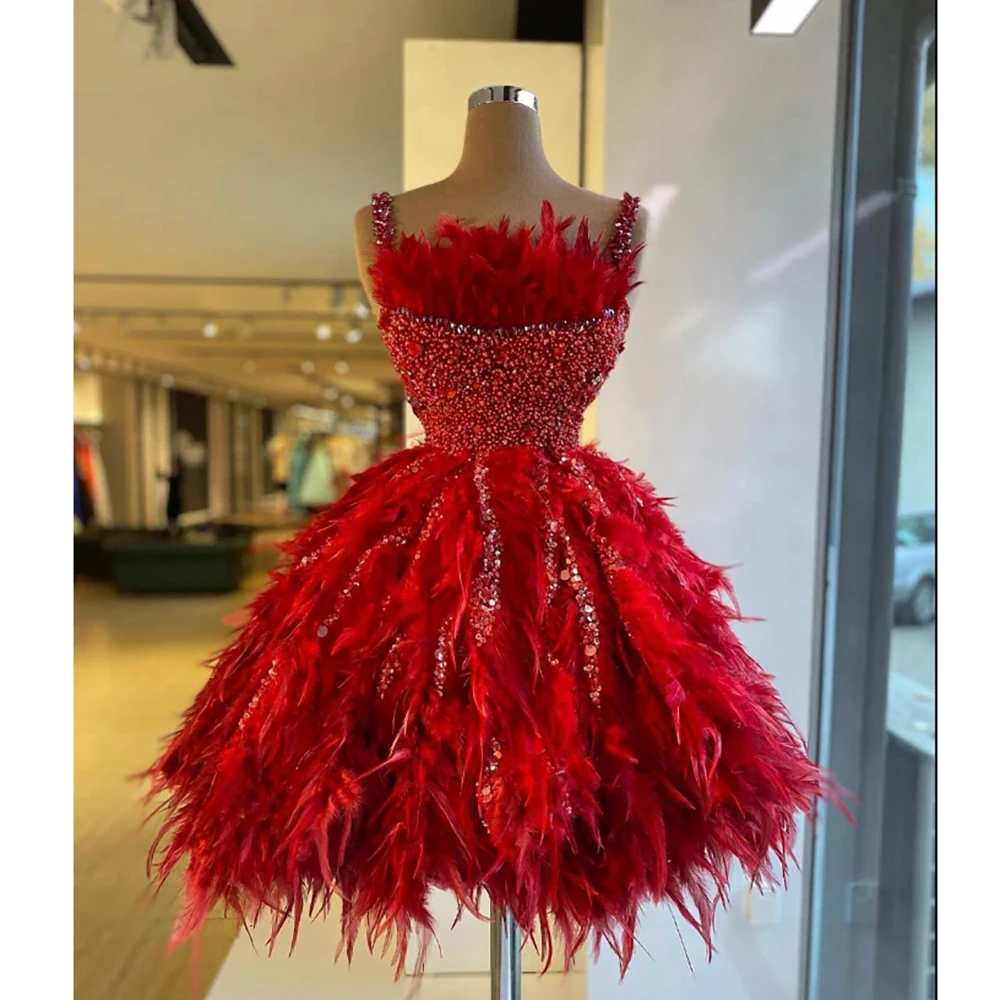 

Red Strapless Cocktail Dress Prom Gown Luxury Feathers Mini Skirt Spaghetti Above Knee Beads Sexy Birthday Party Guest Costume