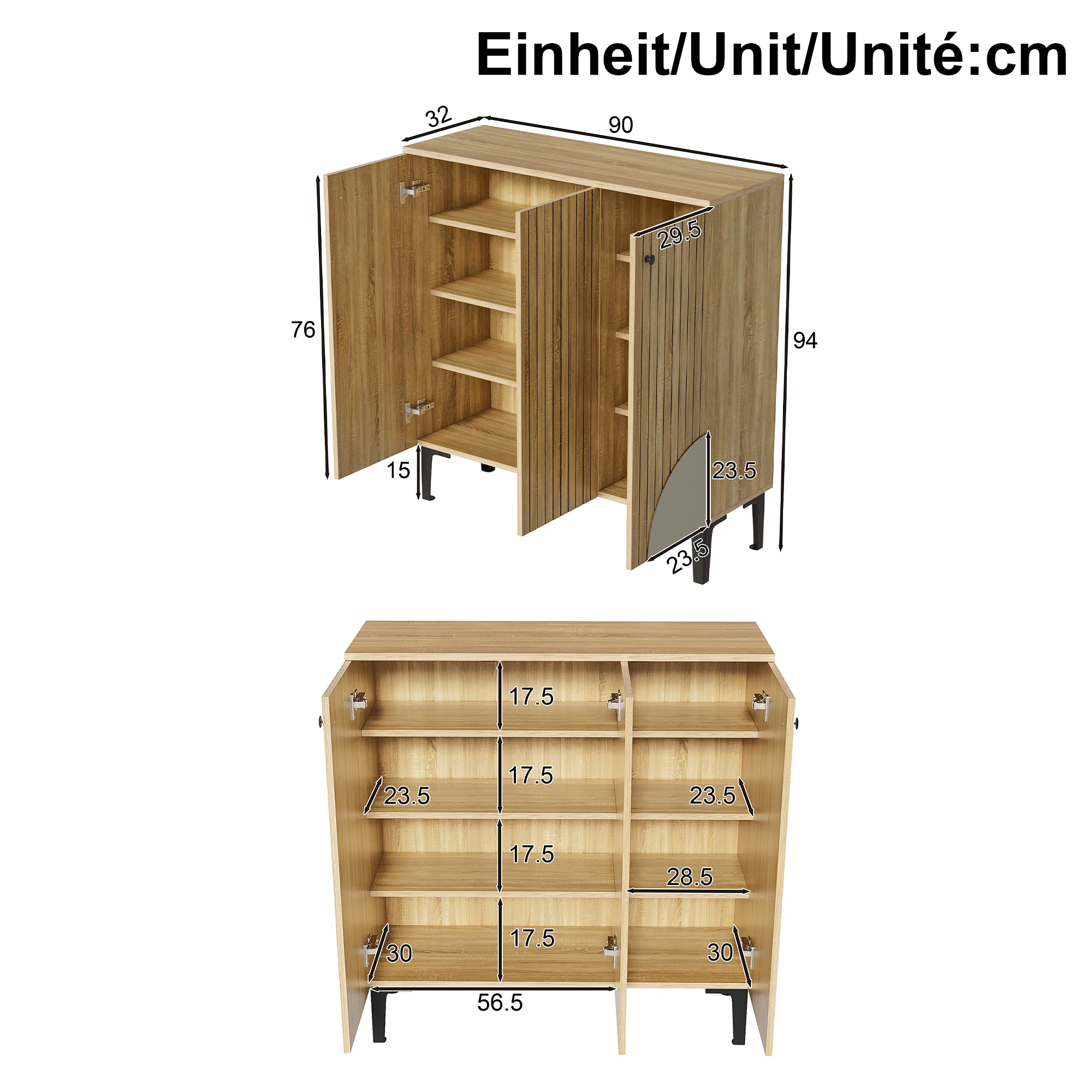 PINGGO Moderner Holzschuhschrank mit drei Türen und Stauraum – Leichter Flurschrank mit schwarzem Rahmen und vertikaler Struktur – Detail 2