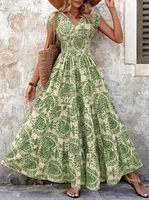 2025 vintage printed dress fashionable and elegant V-neck short sleeved jumpsuit long skirt women's clothing