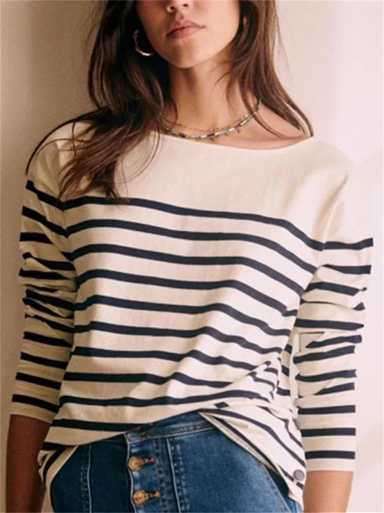 

Slit T-shirt for Ladies 2024 New Stripes Side Buttons Round-Neck Casual Long Sleeve Top
