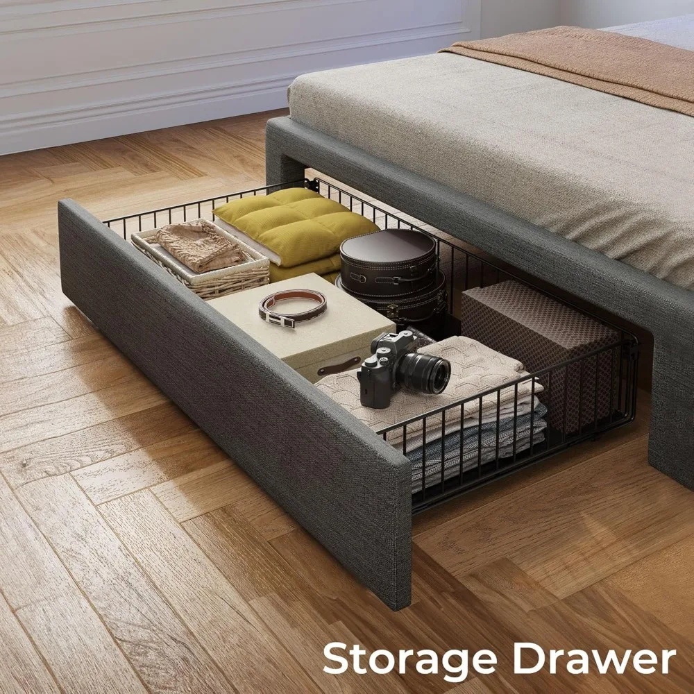 Twin Bed Frame with Drawer, Storage Headboard,Upholstered Bed with Heavy Duty Wood Slats,Noise Free, Easy Assembly, Dark Grey 5