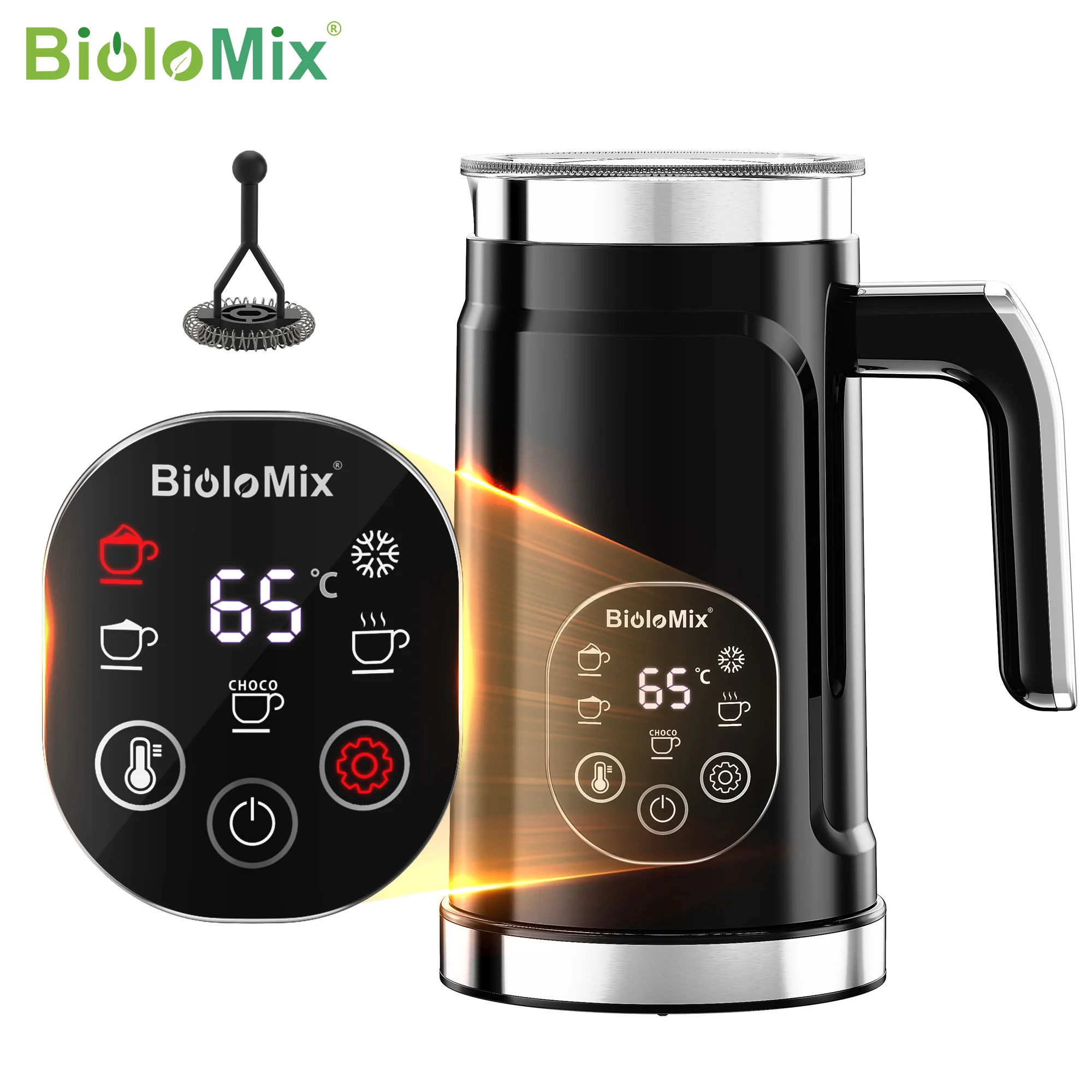 BioloMix 5-in-1 Milk Frother with LED Touch Screen – Hot & Cold Foam Maker for Lattes, Coffee & More