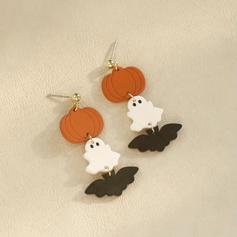 Halloween Ghost Bat Pumpkin Design Long Dangle Earrings for Women Cute Style Acrylic Trendy Party Jewelry Gifts