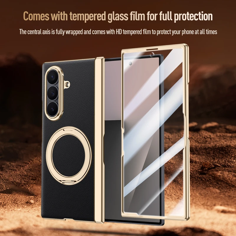 Leather 360° Swivel Bracket Magnetic Phone Case with Tempered Glass
