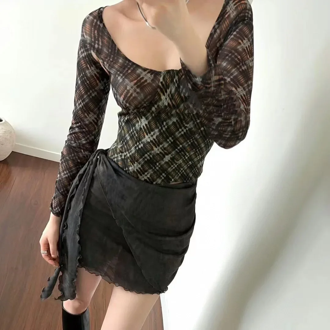 

Hot Rhinestone Blooming Double-Layer Split Irregular Lace-up High Elastic Tulle Ruffled Skirt for Women