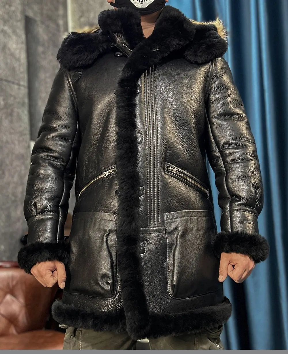 Men's Winter Long Coat Genuine Leather Real Sheepskin