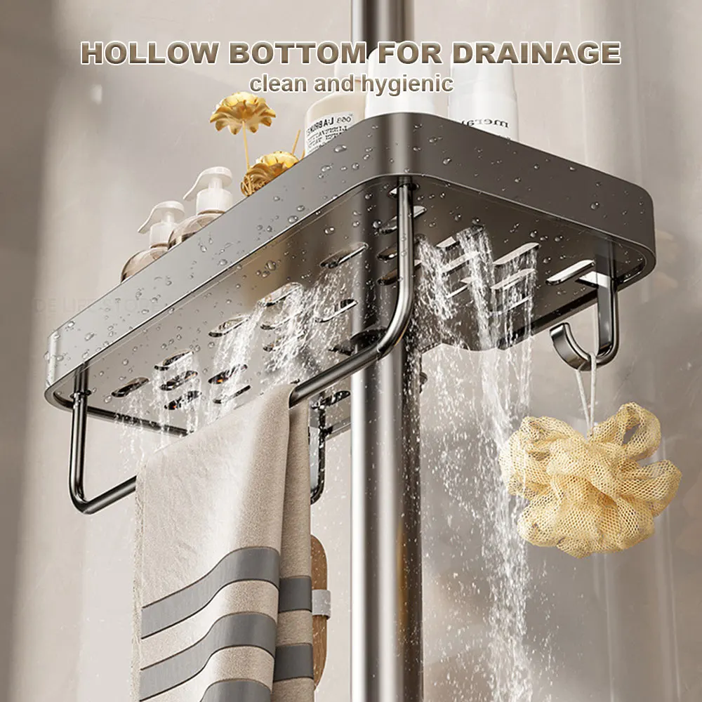 1/2PCS Shower Rack Punch-Free Bathroom Tray With Towel Bar Hooks Shampoo Holder Floating Shelf For Toilet Bathroom Organizer 3