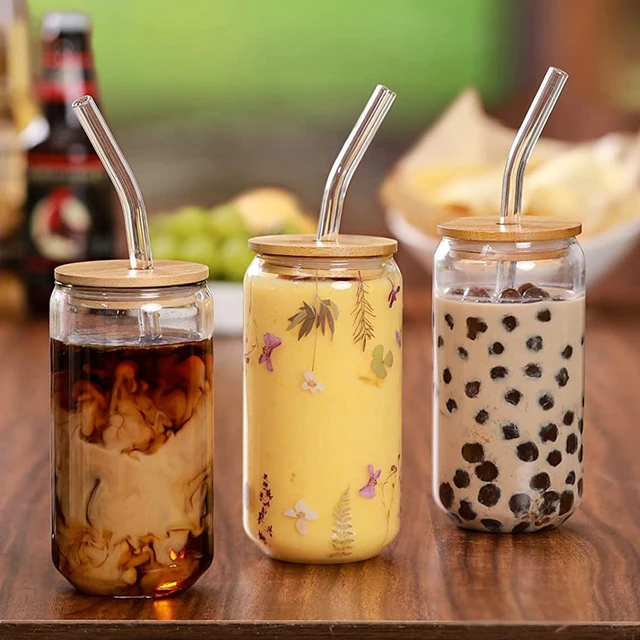 Drinking Glass Cup - S Shaped Glass Cups, 16.9 oz Beer Glasses with Lids  and Glass Straw, Cute Iced Coffee Cup Tumblers, Cold Drink Glassware,  Unique