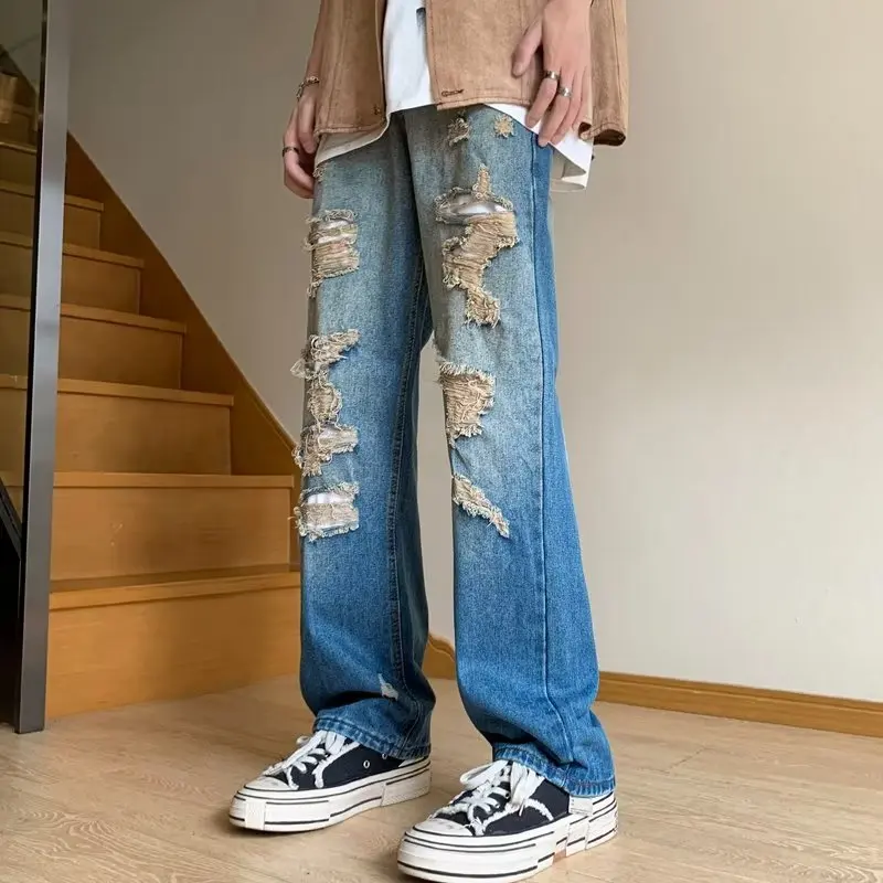 Streetwear Spring Thin Men's Jeans  Wide Leg Casual Pants and Handsome Straight Tube Loose Fitting Trendy Jeans Homme