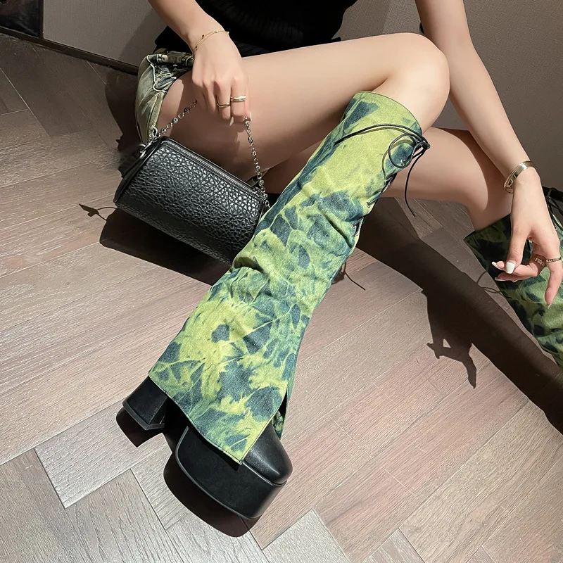 

Fall Lace-up Knee High Boots Women Fashion Round Head Square Heels Outdoor Jeans Shoes Thick Bottom Botas Femininas