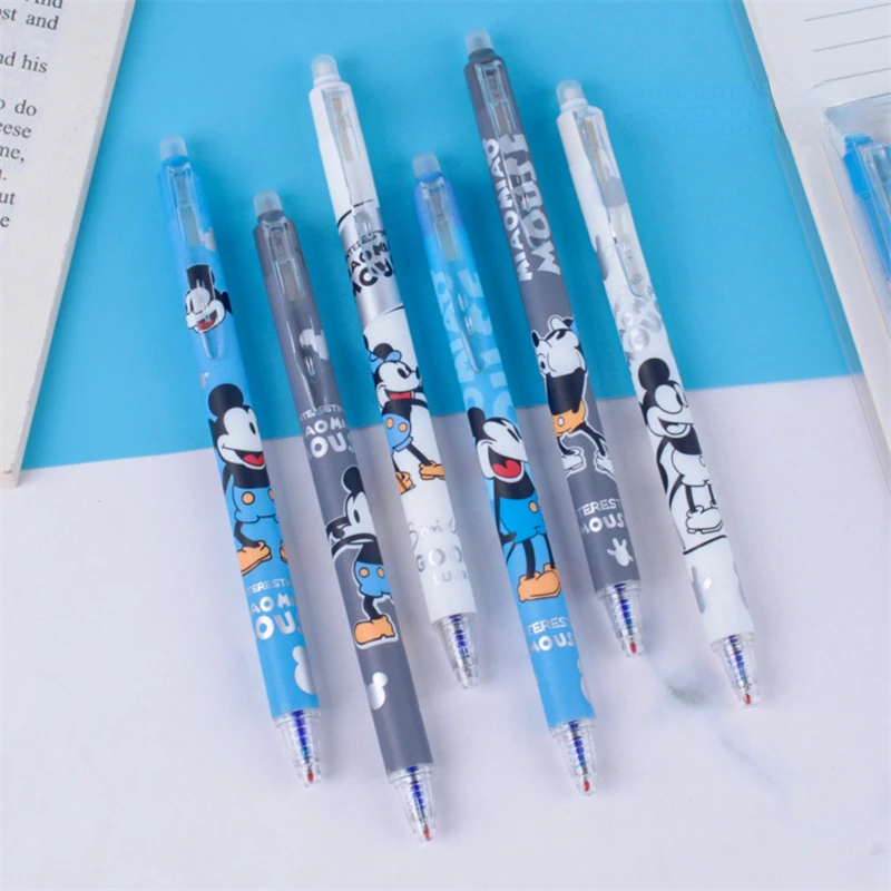 6pcs 디즈니 미키 지울 수있는 젤 펜 애니메이션 0.5mm 검정 잉크 볼펜 학생 프레스 펜 학교 문구 사무용품