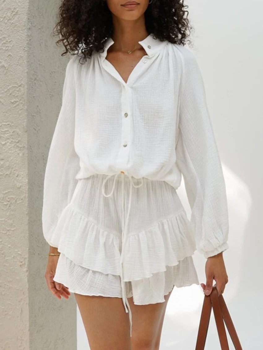 Marthaqiqi White Cotton Ladies Nightwear Suits Sexy O-Neck Sleepwear Long Sleeve Pajamas Shorts Casual Loose Female Home Clothes