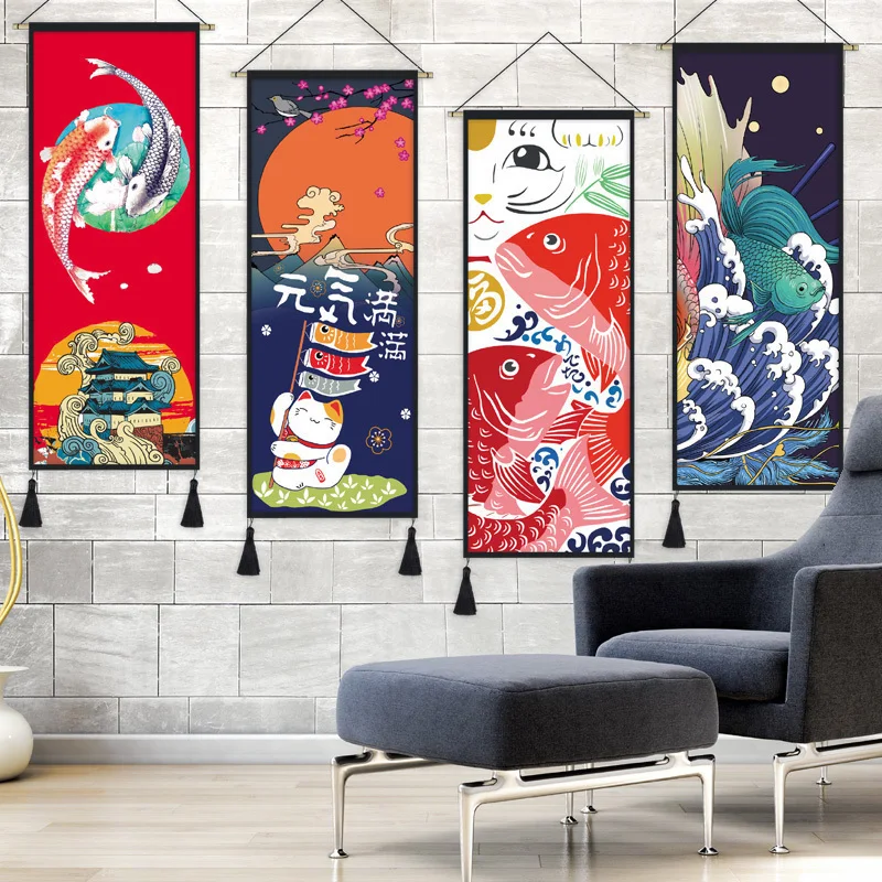 

Japanese Maneki Neko Fabric Hanging Painting Wall Tapestry Living Room Decorative Tatami Bedroom Cloth Painting Tapestry