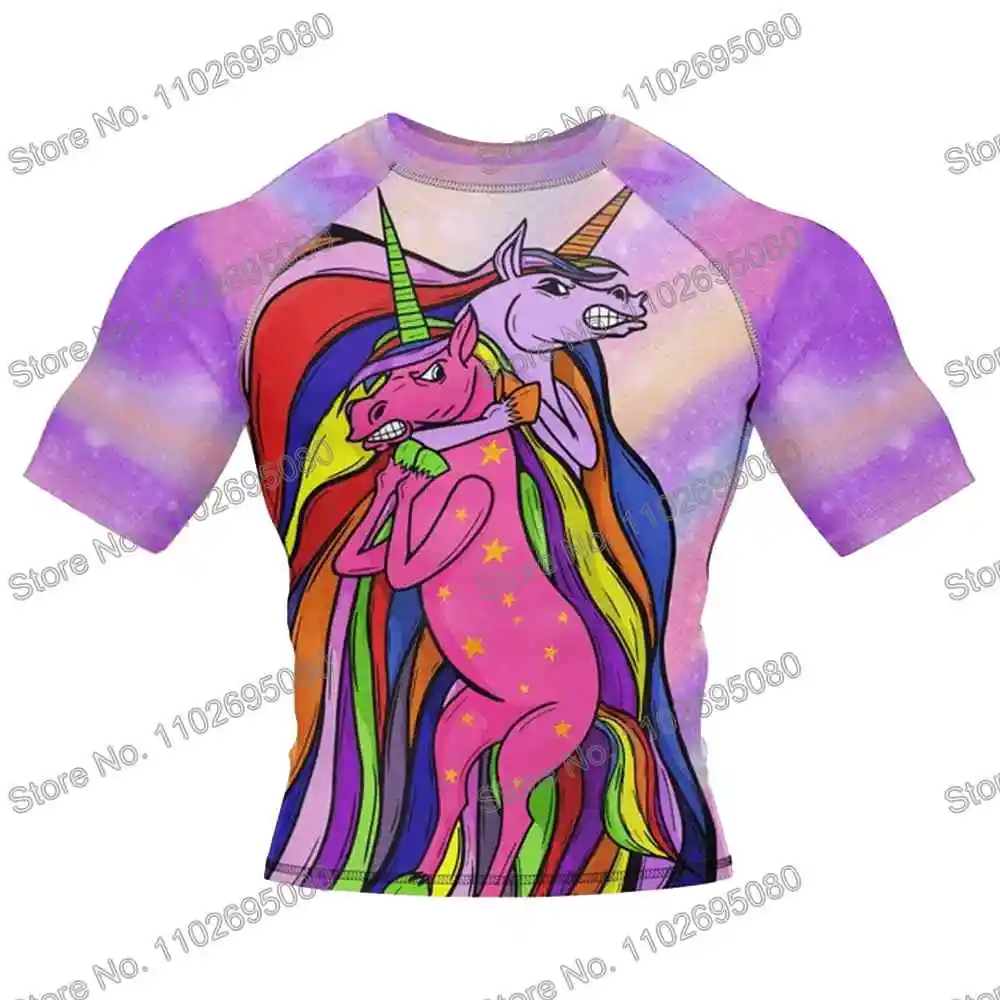 Unicorn Surf Clothing BJJ MMA Men Rash Guard Short Sleeve Diving T-Shirt Tight Swimwear Summer Beach Floatsuit Women GYM Tops