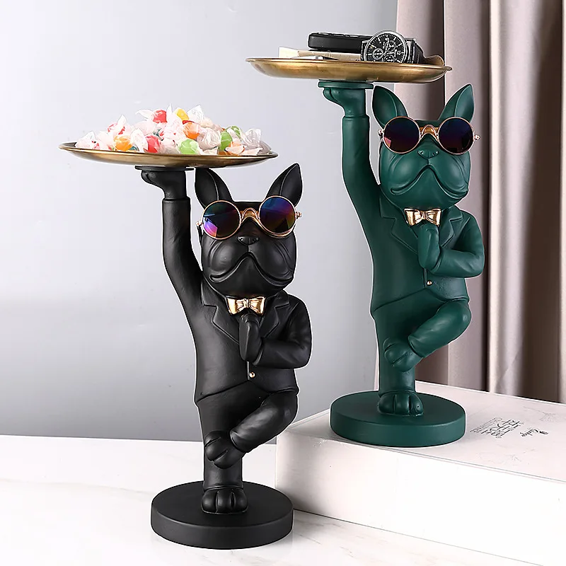 

Nordic French Bulldog Sculpture Dog Figurine Statue Key Jewelry Storage Table Decoration Gift With Plate Glasses