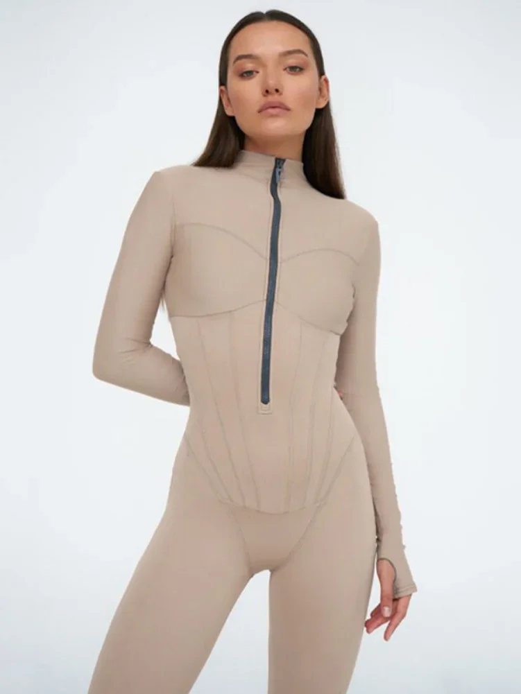 2024 Spring Sexy Elegant Women Zip-up O-neck Long Sleeve Jumpsuit Streetwear Summer Overalls One Piece Fitness Sports Bodysuits