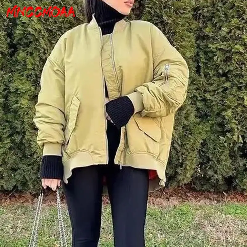 

MNCCMOAA-Женская Свободная куртка-бомбер, повседневное пальто, карманная молния, топы с длинным рукавом, верхняя одежда, мода, осень, зима, 2024 г.