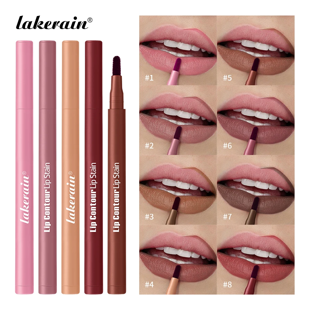 2-in-1 Lip Contour Lip Stain Pen Smudge-proof Non-stick Cup Moisturizing Makeup Cosmetic Dual-Sided Tip Stain & Liner