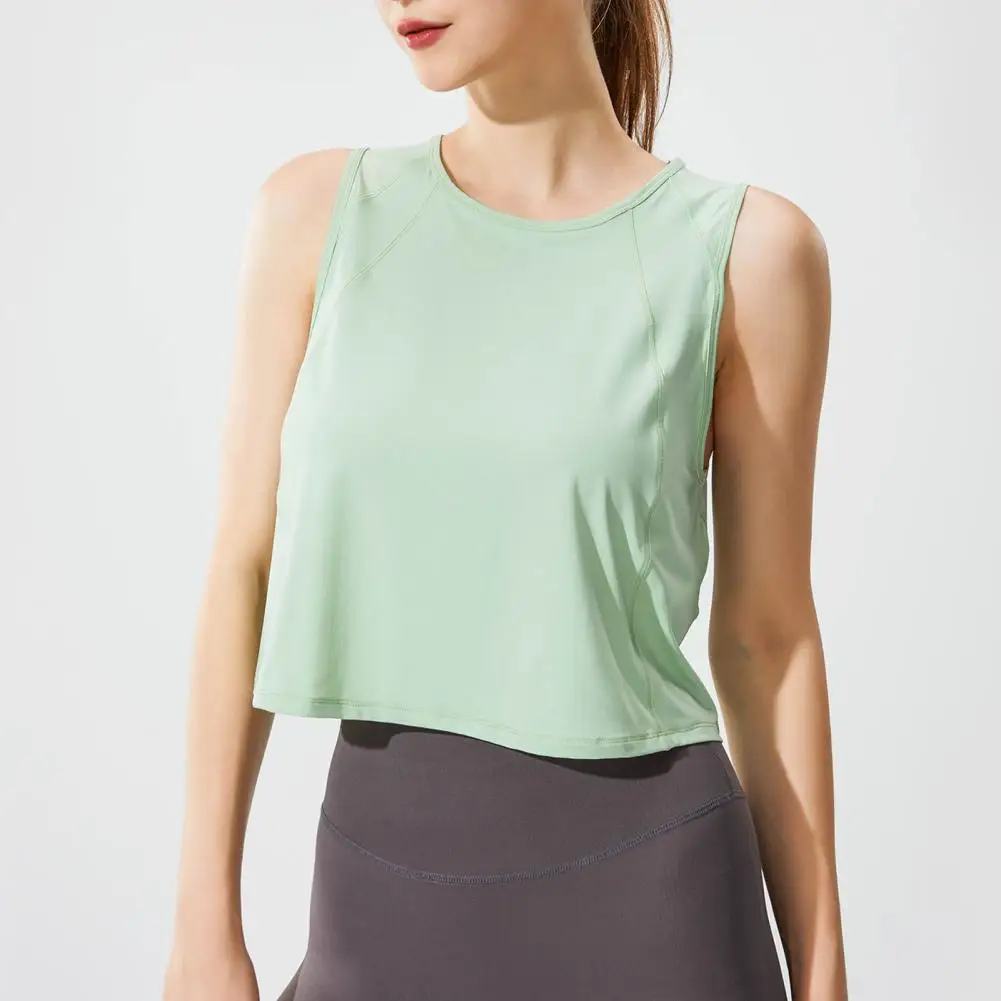 

Women Sport Vest Sleeveless Solid Color Back Hollow Out Loose Round Neck Soft Thin Jogging Yoga Crop Tank Top Female Clothes