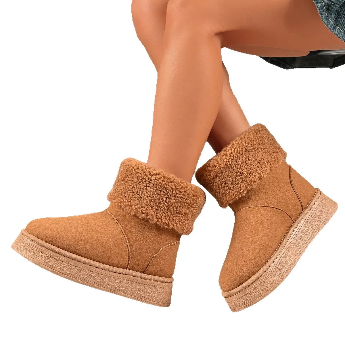 Shoes for Women Winter Women's Boots Black Round Toe Solid Flock Plush Warm Mid Heel Water Proof Casual Snow Boots Women