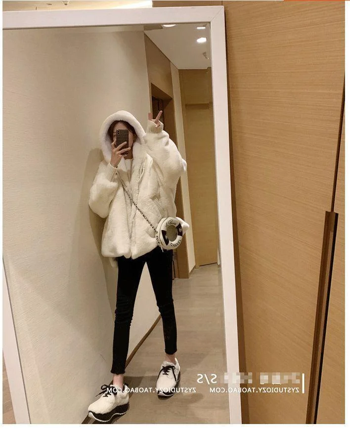 Autumn Winter Imitation Rex Rabbit Fur Eco-friendly Fur Jacket Women Outwear Warm Parka Coat Loose Thick Cold-Proof Plush Coats