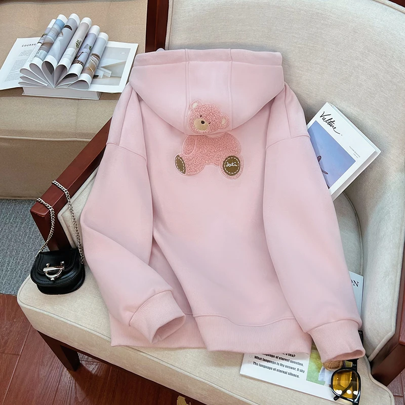 Pink Bear Embroidered Hooded and Fleece Sweatshirt Women's Autumn and Winter New Fashion Loose Top Jacket Women 1189p loose bear pink 65 см selay toy