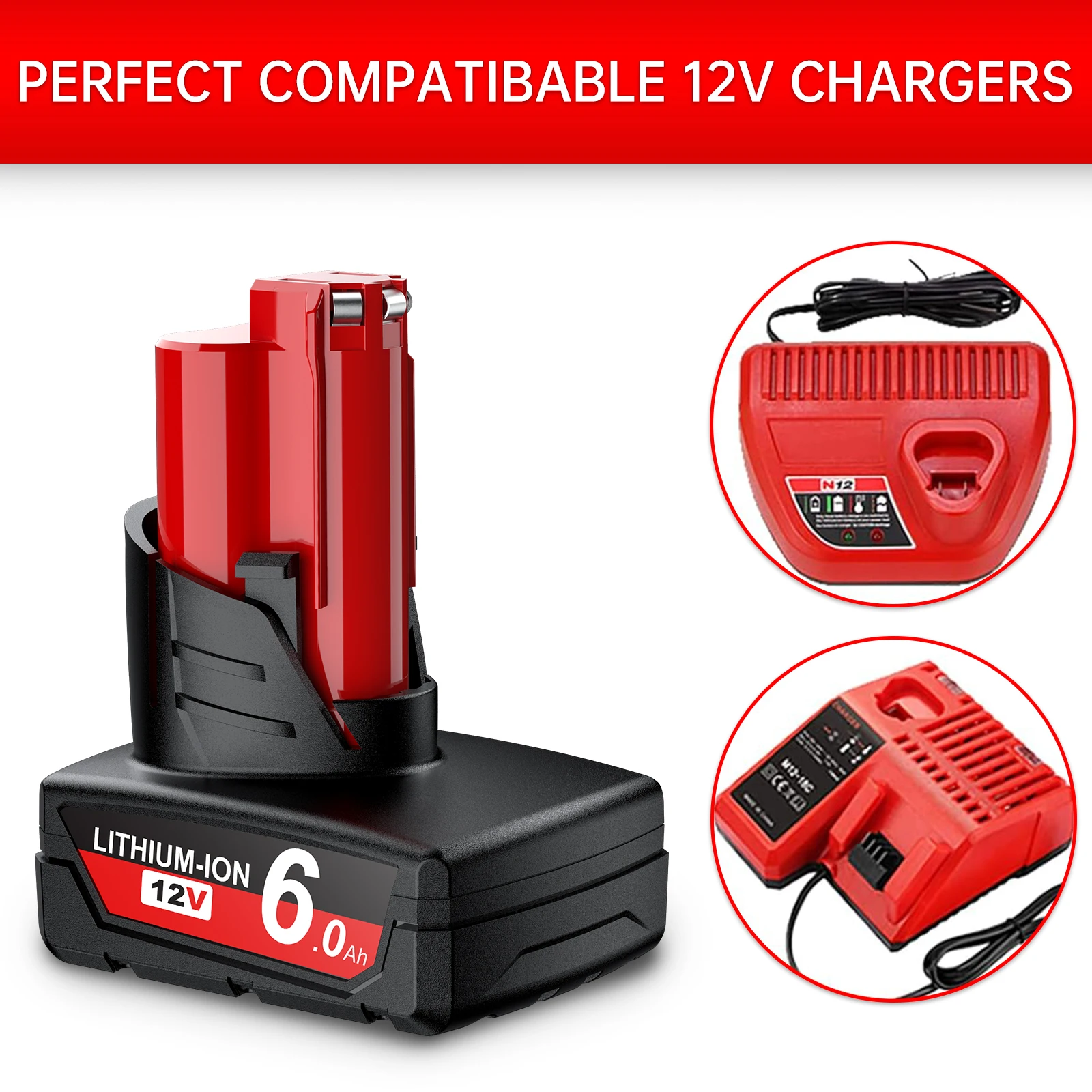 Rechargeable Battery 12V 6.0Ah with Light for Milwaukee M12 Battery M12 Tool 48-11-2402 48-11-2411 48-11-2401