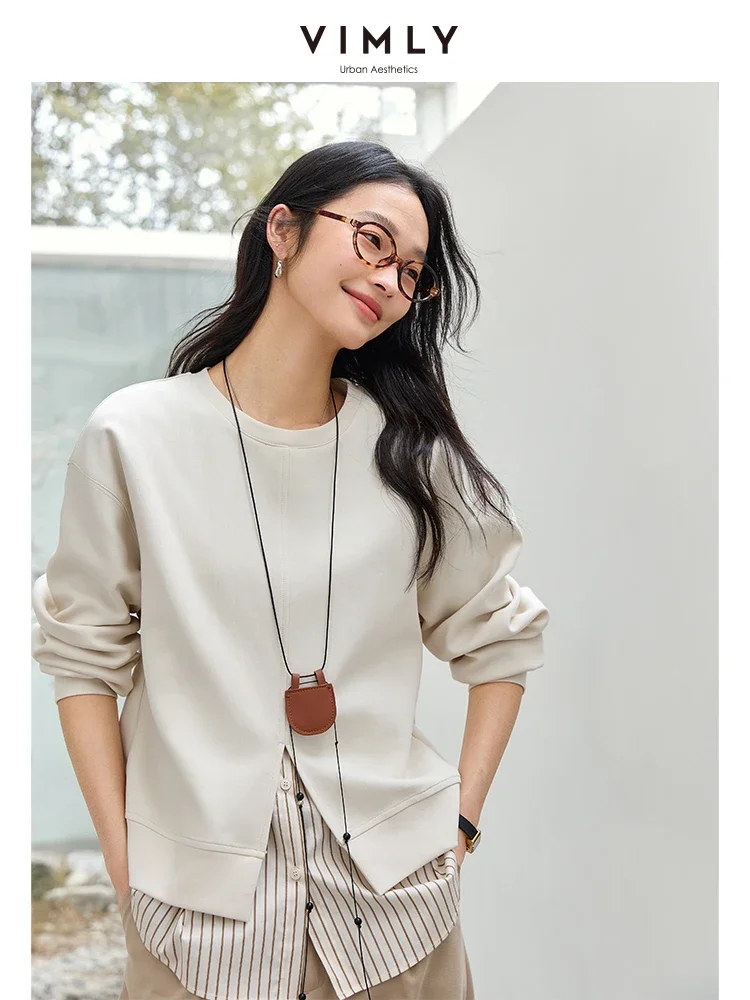 VIMLY Women Commuter Fake 2PCS Spliced Stripe Split at HemSweatshirt 2025Spring Lazy Style Simple Casual Versatile Top Pullovers 6