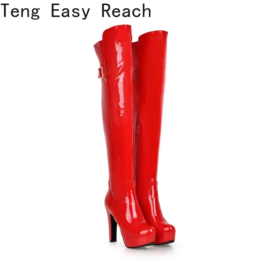 Sexy Over The Knee Boots Women Platform Fashion High Heels Thigh High Boots Patent Leather Women's Winter Shoes Red,women high heel boots