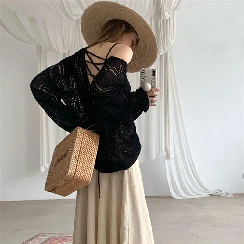 Hollow Out Lace Up Top New Long Sleeve Sunscreen Cover Up Thin Knitted Women Blouse Loose Air-conditioning Casual Shirts