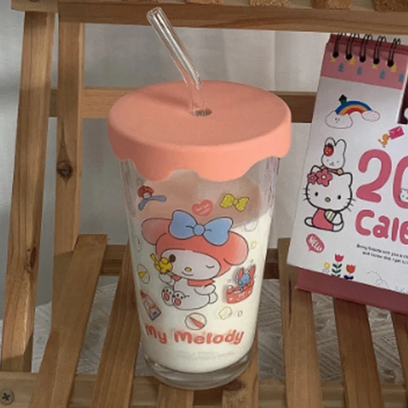 Sanrio Anime Hello Kitty Water Glass Kawaii Cartoon Cinnamoroll Kuromi  Sealed Glass Straw Cup with Lid Drink Juice Cup Girl Gift