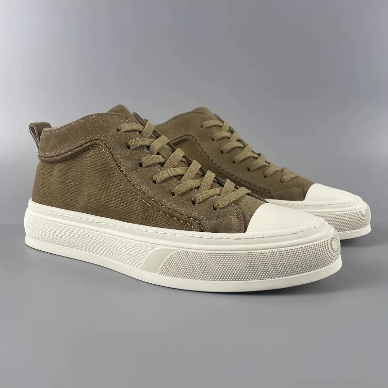 Genuine leather patchwork breathable versatile canvas high top shoes with thick soles, casual lace up board shoes for men