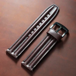 Vintage Genuine Leather Watch Band Straps - Premium Cowhide Double - Stitched Design, Unisex Fashion Accessory - 22mm (Wine Red)