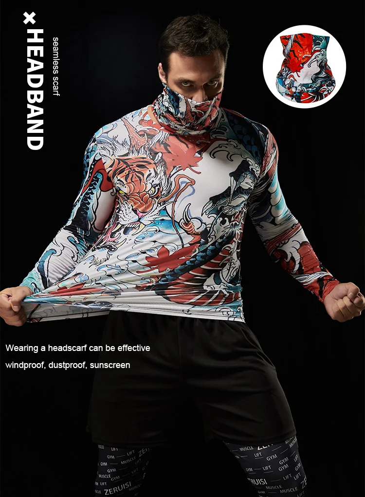 Kompressions-T-Shirt mit magischem Schal, eng anliegend, Fitness, Radfahren, Herren-Shirt, Sport, Outdoor, schnell trocknende Kleidung, Streetwear – Detail 1