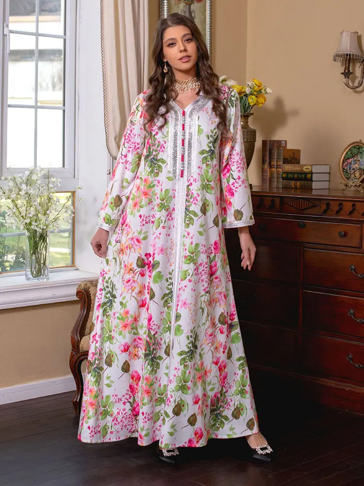 Beading Abaya Arabic Long Dress for Women Floral Gulf Jalabiya Moroccan Print Kaftan Ramadan Eid Muslim Dubai Abayas Party Gowns