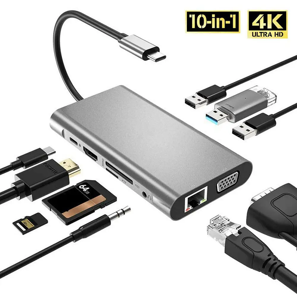 10 In 1 Usb C Hub Typec Splitter 4k Hdmi Multiport Adapter Dock