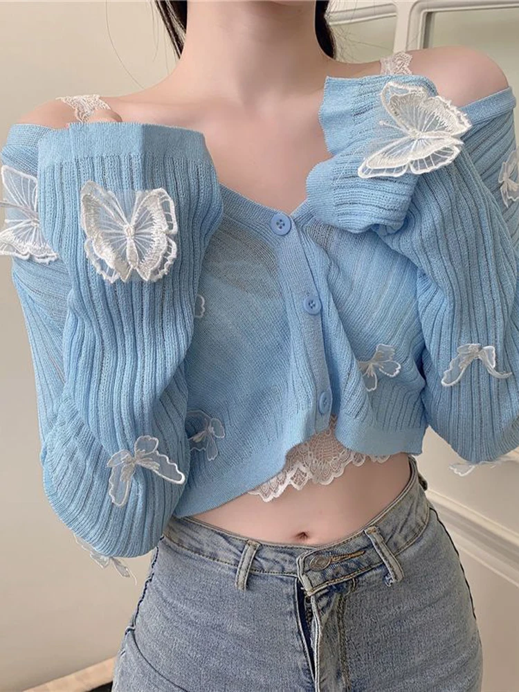 Crop Top Shopee Cardigan Blue Butterfly Cardigan Women Summer Long