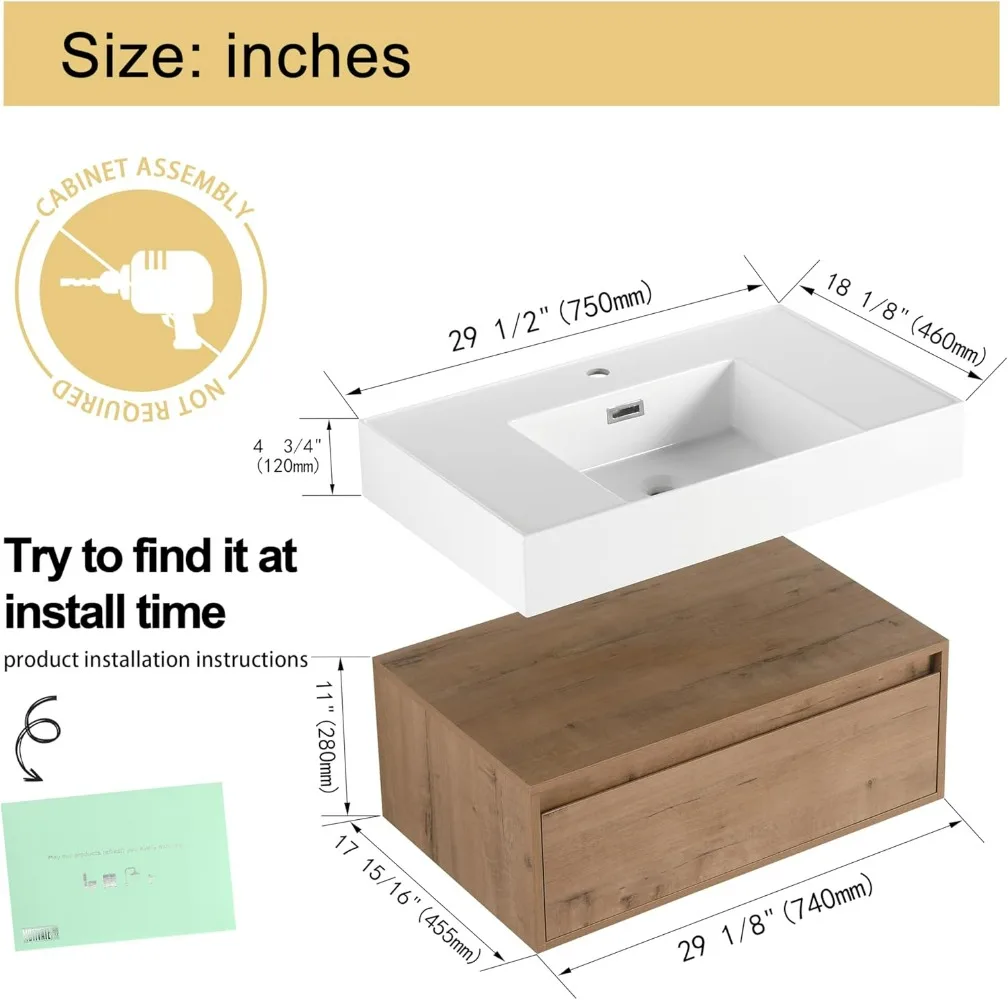 30" Bathroom Vanity with Sink, 30 Inch Floating Vanity, Single Sink Bathroom Vanity Combo, Modern Bathroom Vanity 2